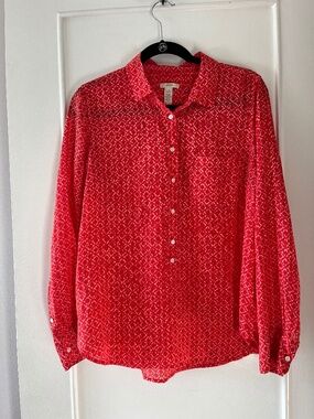 J-Crew Poppy-Colored Causal 3/4 Button-Up, Cotton and Silk,  Women's Medium